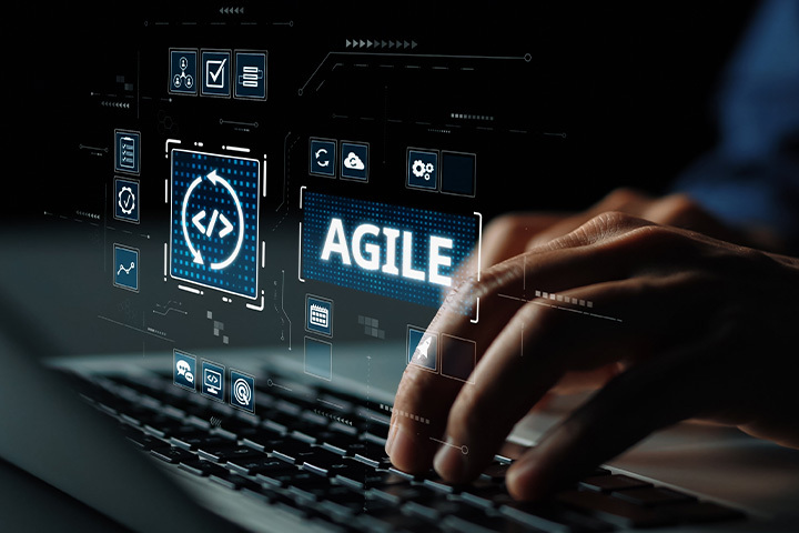 Agile software development process showing planning, testing, and continuous improvement in short cycles.