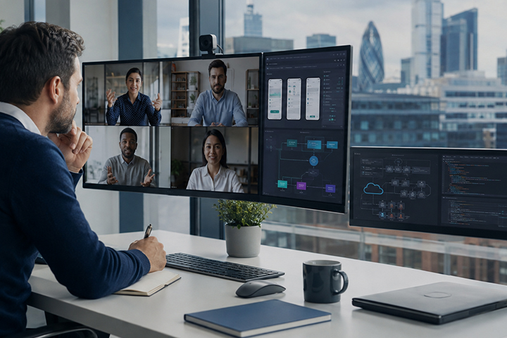 Custom software development outsourcing team collaborating via video call on dual monitor setup